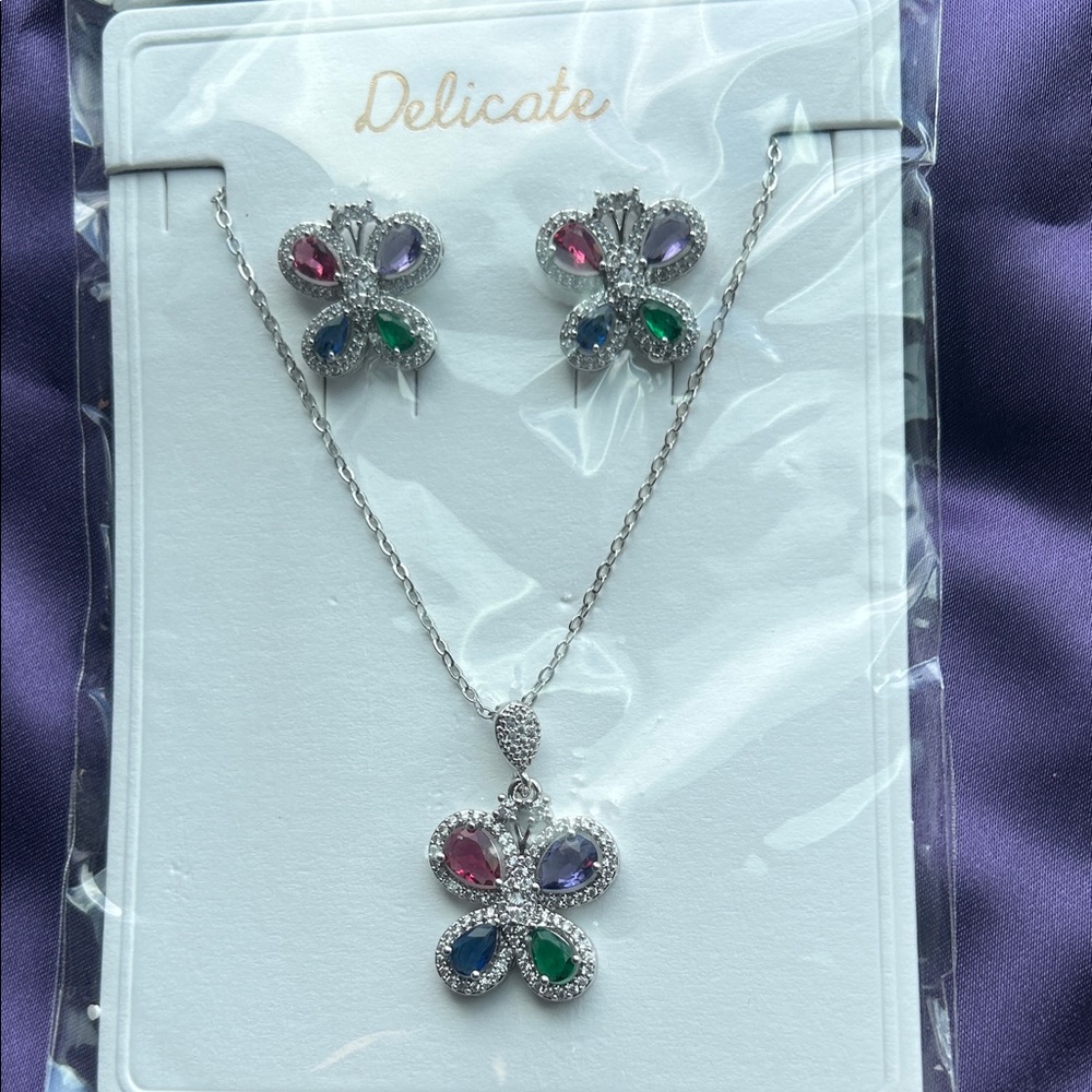 delicates Silver-Tone Multicolor Teardrop butterfly Necklace and Earrings